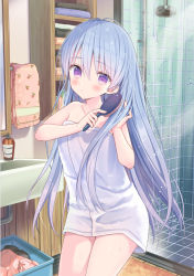 Rule 34 | 1girl, bare arms, bare shoulders, blue hair, blush, brushing hair, closed mouth, collarbone, commentary request, hair between eyes, hair brush, hands up, holding, holding brush, indoors, lala tramont, laundry basket, long hair, naked towel, original, purple eyes, shower (place), shower head, solo, standing, tile floor, tile wall, tiles, towel, very long hair, yuuki rika