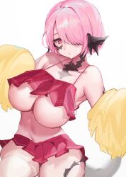 Rule 34 | 1girl, au ra, breasts, cheerleader, commission, cyobiro, dragon girl, dragon horns, dragon tail, final fantasy, final fantasy xiv, hair over one eye, horns, large breasts, microskirt, navel, parted lips, pink hair, pom pom (cheerleading), red eyes, red shirt, red skirt, scales, shirt, short hair, skeb commission, skirt, solo, tail, thick thighs, thighs, underboob, warrior of light (ff14)
