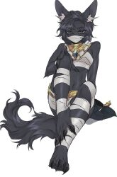 Rule 34 | 1girl, animal ear fluff, animal ears, arm support, bandaged head, bandaged leg, bandages, barefoot, black eyes, black hair, black nails, black skin, brooch, cat ears, cat girl, cat tail, chest sarashi, colored skin, convenient leg, covered mouth, fingernails, floominallday, foot up, full body, furry, furry female, hand on own knee, highres, jewelry, knees up, korean commentary, looking at viewer, nail polish, original, parted bangs, sarashi, sharp fingernails, sharp toenails, short hair, simple background, sitting, solo, spread toes, tail, toenail polish, toenails, toes, usekh collar, white background