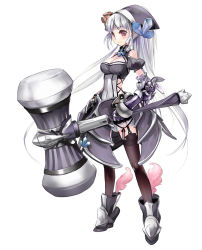 Rule 34 | 1girl, armor, black thighhighs, blush, breasts, gauntlets, hammer, hat, highres, huge weapon, long hair, red eyes, smile, solo, thighhighs, weapon, white hair, zeco