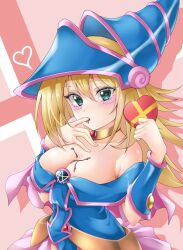 Rule 34 | 1girl, bare shoulders, blonde hair, blue hat, blush, blush stickers, box, breasts, chocolate, chocolate on body, chocolate on breasts, choker, cleavage, dark magician girl, duel monster, finger in own mouth, food on body, green eyes, hair between eyes, hat, heart-shaped box, highres, large breasts, long hair, looking at viewer, nobea, solo, valentine, wizard hat, yu-gi-oh!, yu-gi-oh! duel monsters