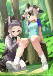 Rule 34 | 2girls, animal ears, antenna hair, autism wanderer, bad id, bad pixiv id, bare arms, bare legs, bike shorts, black eyes, black hair, boots, bow, bowtie, brown hair, closed mouth, clothes writing, collarbone, collared shirt, company name, copyright notice, cuts, day, donkey (kemono friends), donkey ears, donkey tail, dutch angle, forehead, full body, furrowed brow, grass, greater roadrunner (kemono friends), green eyes, grey hair, hair between eyes, hair tubes, hand on another&#039;s leg, handkerchief, high ponytail, highres, injury, kemono friends, kemono friends 2, kemono friends 3, kemono friends 3: planet tours, kneeling, leaf, leaf on head, long hair, long sleeves, looking at another, looking down, medium hair, multicolored hair, multiple girls, official art, outdoors, pantyhose, shirt, shoes, short sleeves, sidelocks, sitting, skirt, smile, socks, t-shirt, tail, tree, tree stump, vest, watermark, wing collar