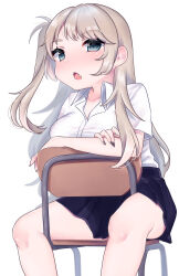 Rule 34 | 1girl, absurdres, black nails, black skirt, breasts, brown hair, chair, chiitamu, collared shirt, commentary request, crossed arms, dress shirt, fang, feet out of frame, grey eyes, highres, large breasts, long hair, looking at viewer, nail polish, on chair, one side up, open mouth, original, pleated skirt, school chair, school uniform, shirt, short sleeves, simple background, sitting, sitting backwards, skirt, solo, thick eyebrows, very long hair, white background, white shirt
