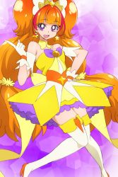 Rule 34 | 1girl, :d, amanogawa kirara, boots, brown hair, cure twinkle, gloves, go! princess precure, hand on own hip, long hair, magical girl, multicolored hair, oimanji, open mouth, precure, purple eyes, red hair, smile, solo, thigh boots, thighhighs, twintails, two-tone hair, very long hair, white gloves, white thighhighs
