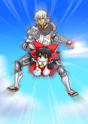 Rule 34 | 00s, 1boy, 1girl, armor, ascot, black hair, blue eyes, bow, buront, cloud, detached sleeves, elf, elvaan, emphasis lines, final fantasy, final fantasy xi, flying, hakurei reimu, japanese clothes, long hair, miko, pointy ears, riding, short hair, silver hair, sitting, sitting on person, the iron of yin and yang, tonda, touhou