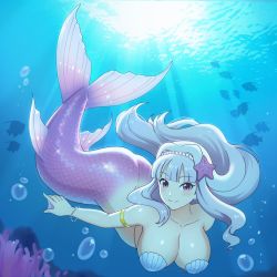 Rule 34 | 1girl, absurdres, ass, breasts, bubble, cleavage, fish, highres, idolmaster, idolmaster (classic), jewelry, kiria021, large breasts, long hair, looking at viewer, mermaid, monster girl, monsterification, shell, shell bikini, shijou takane, smile, solo, underwater, webbed hands