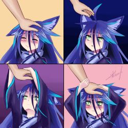 Rule 34 | 1girl, 4koma, animal ear fluff, animal ears, blush, breast tattoo, comic, disembodied limb, ear down, electricity, green eyes, hand on another&#039;s head, headpat, lightning ahoge, long sleeves, monster girl, monster girl encyclopedia, monster girl encyclopedia ii, out of frame, panels, pastel colors, purple hair, raiju (monster girl encyclopedia), smile, solo focus, tattoo, unaligned ears, valldor, weasel ears
