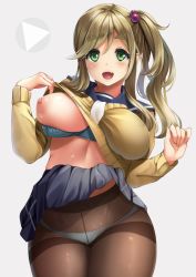 Rule 34 | 1girl, :d, black pantyhose, blue bra, blue panties, blue sailor collar, blush, bra, bra pull, breasts, brown hair, brown pantyhose, brown sweater, clothes lift, clothes pull, covered navel, cowboy shot, fang, green eyes, grey background, grey skirt, highres, inuyama aoi, large breasts, lifted by self, long hair, long sleeves, looking at viewer, neko neko koneko, nipples, one breast out, open mouth, panties, panties under pantyhose, pantyhose, sailor collar, shiny skin, side ponytail, sidelocks, simple background, skin fang, skirt, skirt lift, smile, solo, standing, sweater, sweater lift, tareme, thick eyebrows, thighband pantyhose, underwear, yurucamp