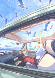 Rule 34 | 1girl, bird, blue sky, car, closed mouth, cloud, collared shirt, commentary request, day, gemi, hat, highres, long skirt, motor vehicle, nissan, nissan pao, original, outdoors, photoshop (medium), scenery, seagull, seatbelt, shirt, short hair, short sleeves, sitting, skirt, sky, smile, solo, stretching, summer, sunroof, tagme, water, white shirt