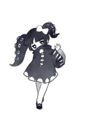 Rule 34 | 1girl, arm behind back, bare legs, black dress, black footwear, black hair, bow, child, colored skin, covered mouth, crossed legs, cthulhu mythos, dress, full body, hair bow, haiyahaiyohai, hand up, high collar, highres, leaning to the side, long sleeves, looking at viewer, monster girl, sharp teeth, short dress, shub-niggurath, sidelocks, simple background, solo, standing, teeth, tentacle hair, turtleneck, twintails, uneven twintails, waving, white background, white bow, white skin, wide sleeves