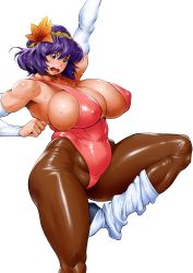 Rule 34 | 1girl, absurdres, alternate costume, arm above head, arms up, autumn leaves, blush, bonten, breasts, bursting breasts, cleavage, covered erect nipples, curvy, embarrassed, exercising, flying sweatdrops, hair between eyes, hair bun, highres, huge breasts, knee up, leotard, looking at viewer, muscular, open mouth, pantyhose, pink leotard, plump, purple hair, red eyes, rope, shiny clothes, shiny skin, short hair, sideboob, simple background, single hair bun, skindentation, solo, standing, standing on one leg, sweat, nervous sweating, thick thighs, thighs, touhou, wavy mouth, white background, wide hips, yasaka kanako
