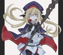 Rule 34 | 1girl, artoria caster (fate), artoria caster (second ascension) (fate), artoria pendragon (fate), black bow, black gloves, black ribbon, blonde hair, blue eyes, bow, buttons, clenched teeth, cloak, double-breasted, fate/grand order, fate (series), gloves, hair between eyes, hair ribbon, hat, highres, holding, holding staff, holding weapon, kujiramaru, long hair, looking at viewer, morgan le fay (fate), pantyhose, ribbon, shaded face, skirt, solo, spoilers, staff, teeth, two-sided cloak, two-sided fabric, upper body, weapon, white skirt, white uniform