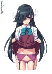 Rule 34 | 1girl, black hair, blush, bow, bowtie, closed mouth, clothes lift, dress, dress lift, ebifurya, evil smile, hair over one eye, hair ribbon, hayashimo (kancolle), highres, kantai collection, lifting own clothes, long hair, one-hour drawing challenge, panties, purple eyes, purple panties, ribbon, school uniform, shirt, simple background, sleeveless, sleeveless dress, smile, solo, underwear, very long hair, white background, white shirt