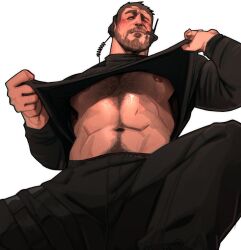 Rule 34 | 1boy, bara, bare pectorals, black hair, black pants, black shirt, chest hair, chris redfield, chris sdd, closed mouth, clothes lift, facial hair, headset, highres, large pectorals, male focus, muscular, muscular male, navel, nipples, one eye closed, pants, pectorals, resident evil, resident evil village, shirt, shirt lift, short hair, simple background, solo, white background