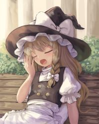 Rule 34 | 1girl, apron, arm up, bad id, bad pixiv id, bench, black hat, black vest, blonde hair, blurry, blurry background, braid, closed eyes, day, depth of field, hair ribbon, hat, hat ribbon, head tilt, hedge, high collar, kirisame marisa, long hair, ookashippo, open hand, open mouth, outdoors, puffy short sleeves, puffy sleeves, ribbon, shirt, short sleeves, single braid, sitting, solo, touhou, tree, tress ribbon, very long hair, vest, waist apron, white shirt, witch hat, wooden bench, yawning