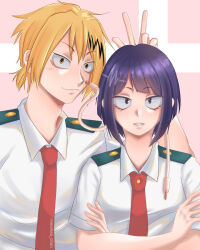 1boy 1girl boku_no_hero_academia closed_mouth crossed_arms earphones highres ibispaint_(medium) jirou_kyouka kaminari_denki looking_at_viewer open_mouth school_uniform short_hair simple_background smile sundriedz