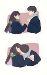 Rule 34 | 1boy, 1girl, blue coat, brown hair, coat, grey scarf, hair ornament, hairclip, hetero, highres, holding own arm, kiss, long hair, long sleeves, looking at another, original, profile, scarf, scarf grab, simple background, striped clothes, striped scarf, upper body, znyyddf