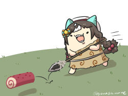 Rule 34 | animal ears, beret, bow, braid, brown hair, goma (gomasamune), grass, hair bobbles, hair bow, hair ornament, haskap, hat, hokko tarumae (umamusume), holding, holding polearm, holding weapon, horse ears, horse tail, hunting, low twintails, multicolored hair, open mouth, polearm, running, simple background, solid oval eyes, spear, speed lines, star (symbol), striped bow, tail, twin braids, twintails, twitter username, two-tone hair, umamusume, weapon, white background, white hair, white hat
