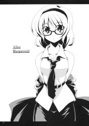 Rule 34 | 1girl, :o, alice margatroid, alternate costume, bare shoulders, belt, bespectacled, black necktie, blouse, blush, breasts, character name, collared shirt, dress shirt, face, female focus, formal, glasses, greyscale, hairband, halftone, highres, hip focus, letterboxed, looking at viewer, medium breasts, monochrome, necktie, scan, shirt, short hair, skirt, sleeveless, sleeveless shirt, solo, staring, touhou, touya (the-moon), undressing