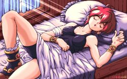 Rule 34 | 1990s (style), 1girl, artist name, bandages, bed, bike shorts, bracelet, breasts, closed eyes, dithering, highres, indoors, j.raido, jewelry, lying, medium breasts, on back, pc-98 (style), pillow, red hair, retro artstyle, short hair, sleeping, solo, sunlight, tank top, window