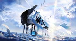 Rule 34 | 1girl, absurdly long hair, bare shoulders, black footwear, black skirt, blue eyes, blue hair, blue necktie, blue sky, blue theme, boots, cloud, cloudy sky, collared shirt, day, detached sleeves, diffraction spikes, hatsune miku, headphones, highres, instrument, light particles, light rays, long hair, necktie, nura orimoto, outdoors, own hands clasped, own hands together, paper, paper boat, piano, piano bench, reflection, reflective water, scenery, shirt, sitting, sitting on piano, skirt, sky, sleeveless, sleeveless shirt, sleeves past fingers, sleeves past wrists, smile, solo, sunlight, television, thigh boots, thighhighs, twintails, very long hair, vocaloid, water, white shirt, wide shot, wide sleeves