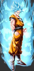 Rule 34 | 1boy, absurdres, blue eyes, blue hair, boots, dougi, dragon ball, dragonball z, energy, fighting stance, greymon (nodoame1215), highres, looking at viewer, male focus, official style, short hair, solo, son goku, spiked hair, super saiyan, super saiyan blue