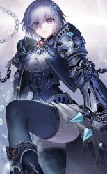 Rule 34 | 1girl, armor, chain, corset, frown, gauntlets, hair ornament, highres, looking at viewer, nakamura eight, original, purple eyes, purple hair, short hair, shoulder armor, snowflake hair ornament, solo, thighhighs, torn clothes, waist cape