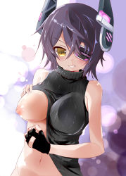 Rule 34 | 10s, 1girl, bare shoulders, blush, breasts, eyepatch, fingerless gloves, gloves, grin, headgear, kantai collection, large breasts, looking at viewer, navel, nipples, one breast out, purple hair, ribbed sweater, short hair, single fingerless glove, single glove, sleeveless, smile, solo, sweater, tenryuu (kancolle), yamaguchi shinnosuke, yellow eyes