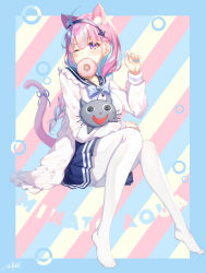 Rule 34 | 1girl, :t, anchor hair ornament, animal ear fluff, animal ears, blue hair, blue hairband, blue nails, blue ribbon, blue sailor collar, blue skirt, blush, breasts, cat ears, cat girl, cat tail, character name, closed mouth, commentary, diagonal stripes, doughnut, food, food in mouth, frilled sailor collar, frills, full body, hair between eyes, hair ornament, hairband, hand up, highres, hololive, jacket, knees together feet apart, long sleeves, medium breasts, minato aqua, minato aqua (sailor), mouth hold, multicolored hair, nail polish, neko (minato aqua), no shoes, open clothes, open jacket, pantyhose, pink hair, pleated skirt, purple eyes, ribbon, sailor collar, shirt, signature, sitting, skirt, sleeves past wrists, striped, striped background, tail, tail ornament, tail raised, tail ribbon, takuro (taku3949), two-tone hair, v-shaped eyebrows, virtual youtuber, white jacket, white pantyhose, white shirt