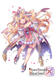 Rule 34 | 1girl, :o, animal ears, blonde hair, blush, boots, bow, brave sword x blaze soul, cat ears, character request, copyright name, detached sleeves, dress, full body, hair between eyes, hair bow, hands up, head tilt, high heel boots, high heels, long hair, long sleeves, official art, open mouth, petals, pink bow, pom pom (clothes), puffy long sleeves, puffy sleeves, purple eyes, red footwear, round teeth, simple background, sleeves past wrists, socks, solo, strapless, strapless dress, striped, striped bow, teeth, torn clothes, torn dress, torn sleeves, two side up, upper teeth only, very long hair, white background, white bow, white dress, white sleeves, white socks, yeonwa