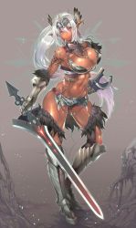 Rule 34 | 1girl, akinaie, arm guards, armor, armored boots, bikini armor, boots, breasts, cleavage, commentary request, dark-skinned female, dark elf, dark skin, ear piercing, elf, feathers, forest, full body, fur trim, gloves, grey background, headgear, highres, holding, holding weapon, jewelry, large breasts, long hair, long sword, looking at viewer, nature, navel, necklace, original, piercing, pointy ears, scabbard, sheath, side ponytail, sidelocks, simple background, solo, tattoo, thighhighs, underbust, very long hair, weapon, white hair, yellow eyes