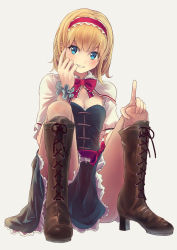 Rule 34 | 1girl, alice margatroid, blonde hair, blue dress, blue eyes, blush, boots, breasts, brown footwear, capelet, cleavage, cross-laced footwear, culter, dress, eyebrows, frills, high heels, highres, index finger raised, looking at viewer, medium breasts, pantyhose, red ribbon, ribbon, sash, scrunchie, short hair, short sleeves, simple background, sitting, smile, solo, touhou, wrist cuffs, wrist scrunchie