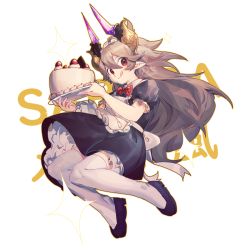 Rule 34 | apron, black footwear, bow, bowtie, brown hair, cake, commentary request, food, frilled sleeves, frills, fruit, full body, granblue fantasy, holding, holding plate, horns, leggings, long hair, maid apron, maid headdress, mncpa, plate, pointy ears, puffy short sleeves, puffy sleeves, red eyes, short sleeves, solo, sparkle, strawberry, threo (granblue fantasy), tongue, tongue out, transparent background, twitter username, waist apron, watermark, white leggings