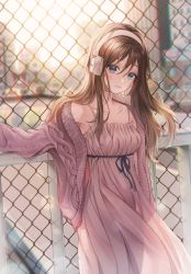 Rule 34 | 1girl, bare shoulders, blue eyes, blurry, blurry background, blush, brown hair, building, cardigan, chain-link fence, city, closed mouth, collarbone, dress, expressionless, fence, hand up, headphones, highres, long hair, long sleeves, looking at viewer, original, outdoors, paran, pink dress, purple cardigan, sleeveless, sleeveless dress, solo, standing