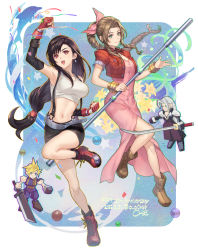 Rule 34 | 2boys, 2girls, :d, aerith gainsborough, anniversary, arm up, armpits, bare shoulders, black hair, black skirt, blonde hair, blue eyes, bow, bracelet, braid, braided ponytail, breasts, brown footwear, brown hair, buster sword, cleavage, clenched hands, closed mouth, cloud strife, commentary request, crop top, cropped jacket, dated, dolphin, dress, earrings, elbow gloves, elbow pads, final fantasy, final fantasy vii, fingerless gloves, floating hair, flower, full body, glint, gloves, green eyes, hair between eyes, hair bow, highres, holding, holding staff, jacket, jewelry, large breasts, long dress, long hair, looking at viewer, low-tied long hair, low poly, masamune (ff7), materia, midriff, multiple boys, multiple girls, navel, ohse, open mouth, parted bangs, pencil skirt, pink bow, pink dress, ponytail, red eyes, red footwear, red gloves, red jacket, sephiroth, shoes, short hair, sidelocks, signature, silver hair, skirt, small breasts, smile, spiked hair, square enix, staff, standing, standing on one leg, suspender skirt, suspenders, sword, tank top, teeth, tifa lockhart, tri drills, twitter username, upper teeth only, very long hair, waves, weapon, white background, white tank top, wind