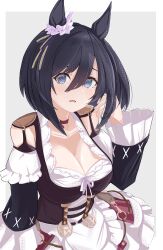 Rule 34 | 1girl, absurdres, apron, black hair, black sleeves, blouse, blue eyes, bob cut, bodice, breasts, choker, cleavage, commentary, detached sleeves, dirndl, ear scrunchie, eishin flash (umamusume), empty gerbera, frilled apron, frilled sleeves, frills, german clothes, grey background, hair between eyes, hand in own hair, highres, horse girl, large breasts, looking at viewer, miniskirt, open mouth, red choker, red skirt, scrunchie, shirt, short hair, simple background, skirt, solo, striped clothes, striped skirt, swept bangs, umamusume, vertical-striped clothes, vertical-striped skirt, white apron, white scrunchie, white shirt
