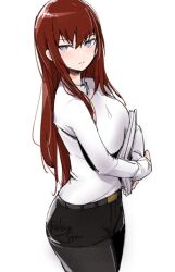 Rule 34 | 1girl, alternate breast size, artist name, black pantyhose, black shorts, blue eyes, breasts, cowboy shot, holding, holding paper, long hair, long sleeves, looking at viewer, makise kurisu, medium breasts, pantyhose, pantyhose under shorts, paper, red hair, relaxjon, shorts, simple background, solo, standing, steins;gate, sweater, white background, white sweater