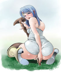 Rule 34 | 1girl, ass, blue eyes, blue hair, blush, boots, breasts, chunsoft, crotch rub, cum, curvy, dragon quest, dragon quest iii, enix, female focus, female masturbation, full body, gradient background, high heels, hip focus, huge ass, masturbation, matching hair/eyes, nature, open mouth, outdoors, plant, pussy juice, sage (dq3), sky, solo, staff, wide hips