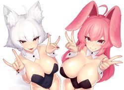 Rule 34 | 2girls, ahoge, animal ear fluff, animal ears, black leotard, blue leotard, blush, braid, breasts, brown eyes, cleavage, closed mouth, commentary request, covered navel, detached collar, dev (dev0614), double fox shadow puppet, double v, eyes visible through hair, fake animal ears, fox ears, fox shadow puppet, fox tail, highres, large breasts, leotard, long hair, looking at viewer, multiple girls, multiple tails, nail polish, nontraditional playboy bunny, open mouth, original, pink hair, pink nails, playboy bunny, rabbit ears, rabbit girl, red eyes, red nails, smile, tail, thick eyebrows, transparent background, v, white hair