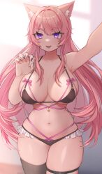 Rule 34 | 1girl, absurdres, animal ears, arm up, black bra, black panties, blush, bra, breasts, cat ears, cat girl, character request, cleavage, collarbone, copyright request, fang, fingernails, highres, large breasts, long hair, navel, nemuaki, open mouth, panties, pink hair, purple eyes, purple nails, sharp fingernails, shiny skin, skin fang, smile, underwear