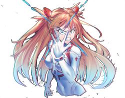 Rule 34 | 1girl, alternate hair length, alternate hairstyle, angry, artist request, blue eyes, bodysuit, breasts, brown hair, clenched teeth, covered navel, evangelion: 3.0+1.0 thrice upon a time, green eyes, hair ornament, highres, interface headset, long hair, looking at viewer, medium breasts, neon genesis evangelion, plugsuit, rebuild of evangelion, serious, shiny clothes, skin tight, solo, souryuu asuka langley, teeth, twintails, very long hair, white bodysuit