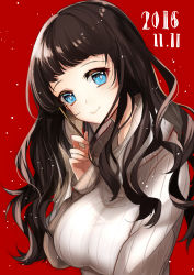 Rule 34 | 1girl, 2016, absurdres, bad id, bad pixiv id, black hair, blue eyes, blush, breasts, commentary, dated, food, highres, holding, holding food, large breasts, long hair, looking at viewer, original, pocky, pocky day, red background, ribbed sweater, simple background, sleeves past wrists, smile, snow, sogawa66, solo, sweater, turtleneck, wavy hair, white sweater