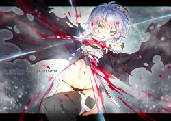 Rule 34 | 1girl, bad id, bad pixiv id, bandaged arm, bandages, black panties, black thighhighs, blood, cloak, dagger, dual wielding, facial scar, fate/apocrypha, fate/grand order, fate (series), green eyes, holding, holding weapon, jack the ripper (fate/apocrypha), knife, krab (fumekrab), looking at viewer, midriff, navel, open mouth, panties, reverse grip, scar, scar on cheek, scar on face, short hair, silver hair, solo, thighhighs, torn clothes, underwear, weapon