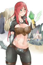 Rule 34 | 2girls, 300 yen, breasts, character request, cleavage, curvy, dagger, gloves, green eyes, holding, holding weapon, katarina (league of legends), knife, league of legends, leather, midriff, multiple girls, navel, red hair, scar, scar across eye, scar on face, tattoo, weapon, wide hips
