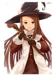 Rule 34 | 1girl, :d, artist name, belt, black hat, brown gloves, brown hair, dress, gloves, grin, hat, holding, holding staff, idolmaster, idolmaster (classic), long hair, long sleeves, looking at viewer, minase iori, open mouth, red eyes, smile, solo, staff, swept bangs, teeth, white dress, witch hat, yatsuka (846)