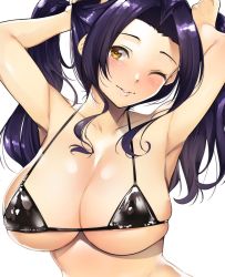 Rule 34 | 1girl, adjusting hair, armpits, arms up, bikini, black bikini, blush, breasts, cleavage, collarbone, commentary request, covered erect nipples, facing viewer, large breasts, looking at viewer, micro bikini, one eye closed, original, parted lips, purple hair, sidelocks, smile, solo, swimsuit, tomohiro kai, twintails, underboob, yellow eyes