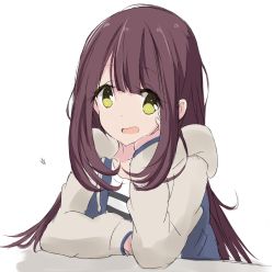 Rule 34 | 1girl, arm support, commentary request, core (mayomayo), eyes visible through hair, green eyes, hand on own cheek, hand on own face, highres, hood, hoodie, light blush, long hair, long sleeves, looking at viewer, multicolored clothes, multicolored hoodie, open mouth, red hair, shirt, simple background, sitting, solo, striped clothes, striped shirt, toki ayano, white background, yurucamp