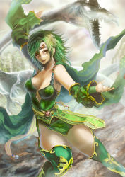 Rule 34 | 1girl, breasts, cleavage, commentary request, detached sleeves, final fantasy, final fantasy iv, green eyes, green hair, hair ornament, jewelry, large breasts, long hair, looking at viewer, mist dragon, nkyoku, aged up, rydia (ff4), smile, smirk, solo, thighhighs