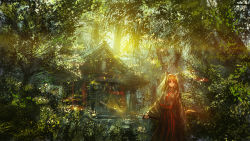 Rule 34 | 1girl, animal ears, blonde hair, forest, japanese clothes, lm7 (op-center), long hair, long sleeves, miko, nature, original, shrine, silver hair, solo, standing, sword, weapon, wide sleeves