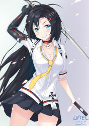 Rule 34 | &gt;:), 1girl, antenna hair, bad id, bad pixiv id, badge, black hair, black skirt, blouse, blue eyes, blush, breasts, choker, cleavage, closers, collarbone, collared shirt, cowboy shot, dated, dual wielding, grin, gun, hair ornament, hairclip, holding, holding gun, holding sword, holding weapon, katana, large breasts, long hair, looking at viewer, mechanical arms, miniskirt, necktie, pleated skirt, shirt, single mechanical arm, skirt, smile, solo, sword, twitter username, unel1211, v-shaped eyebrows, very long hair, weapon, white shirt, yellow necktie, yuri seo
